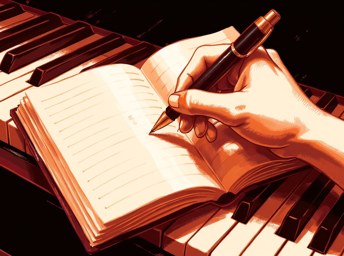 Etched plate of a hand writing into a blank songbook resting on piano keys