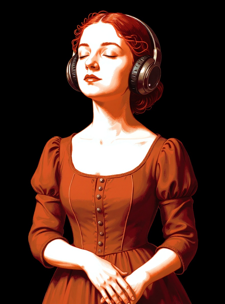 The Listener, an etching of a woman in an 1850s dress wearing studio headphones